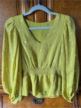 La Cite yellow  Smocked Peplum Blouse Small Puff Sleeve NWT